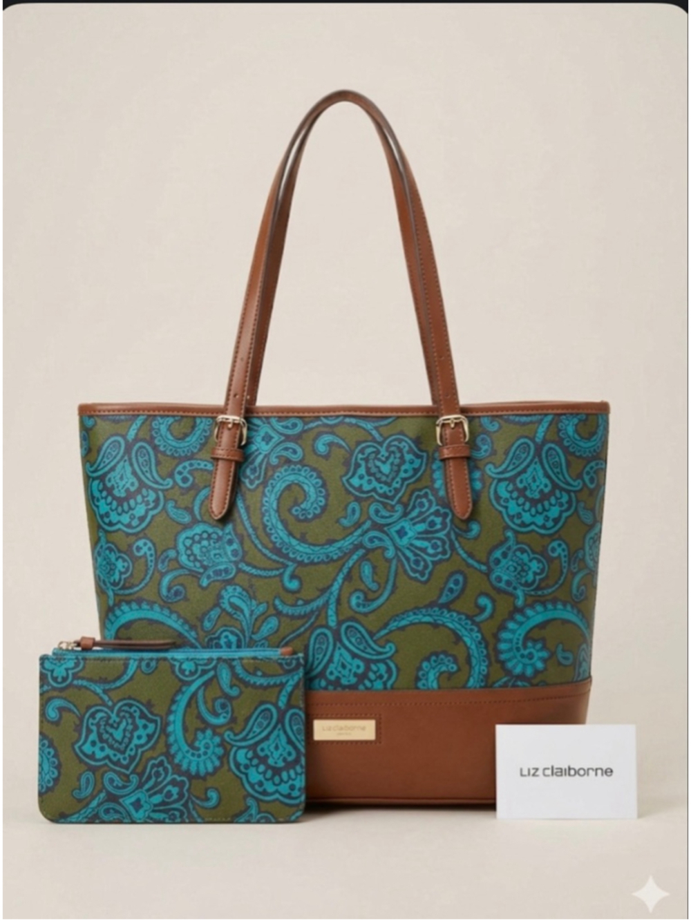 Liz Claiborne Green Blue Paisley Tote Bag One Size